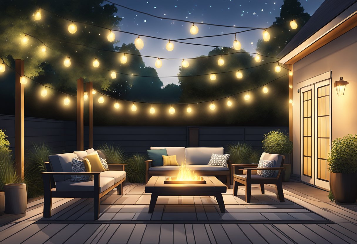 A backyard patio with string lights hung overhead, casting a warm glow over the seating area and surrounding landscaping