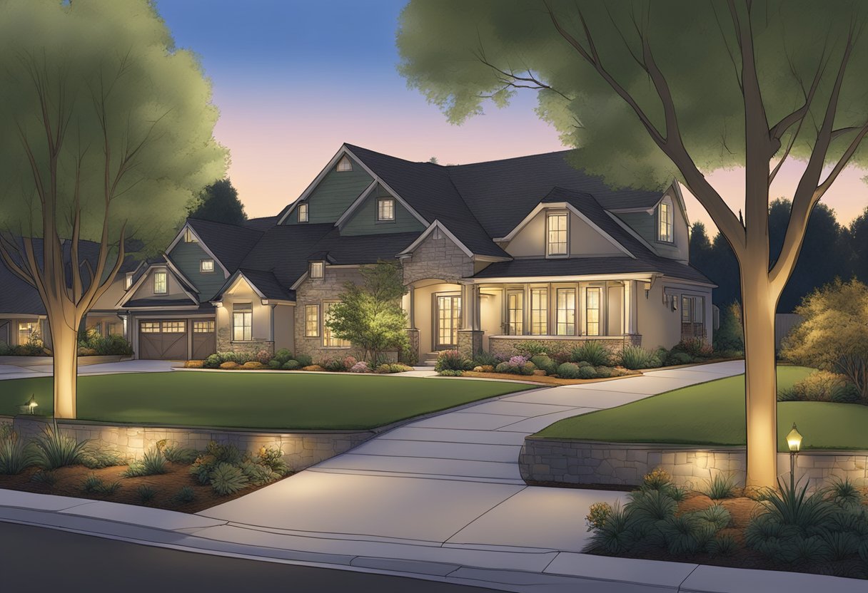 A landscape with strategically placed outdoor lights illuminating a Sacramento area. Considerations for weather resistance and energy efficiency are evident in the design