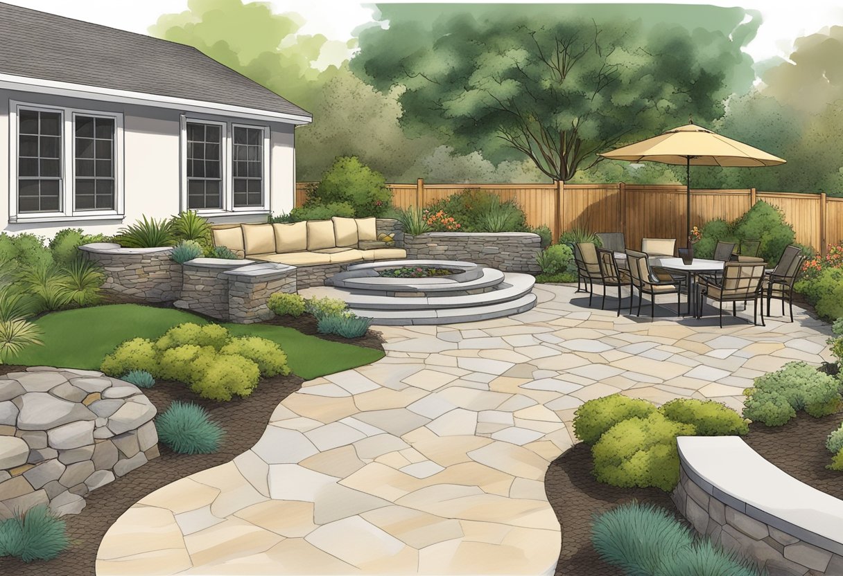A landscaped backyard in Sacramento with a focus on hardscaping elements such as stone pathways, retaining walls, and outdoor seating areas