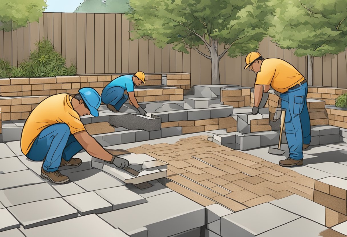 A crew lays pavers and builds retaining walls in a Sacramento backyard for hardscaping installation services