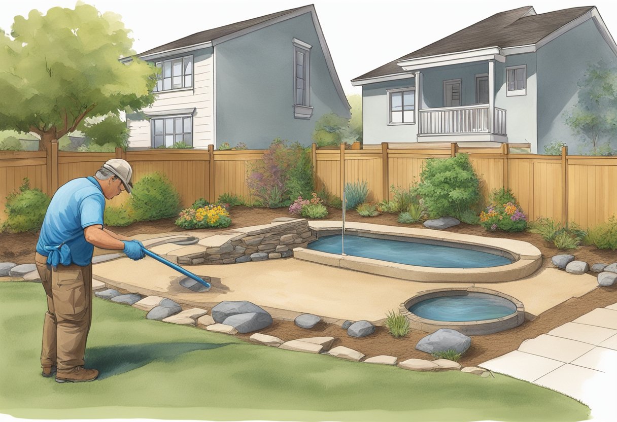 A landscaper measures and marks the ground for a water feature in a Sacramento backyard. Digging tools and materials are laid out nearby