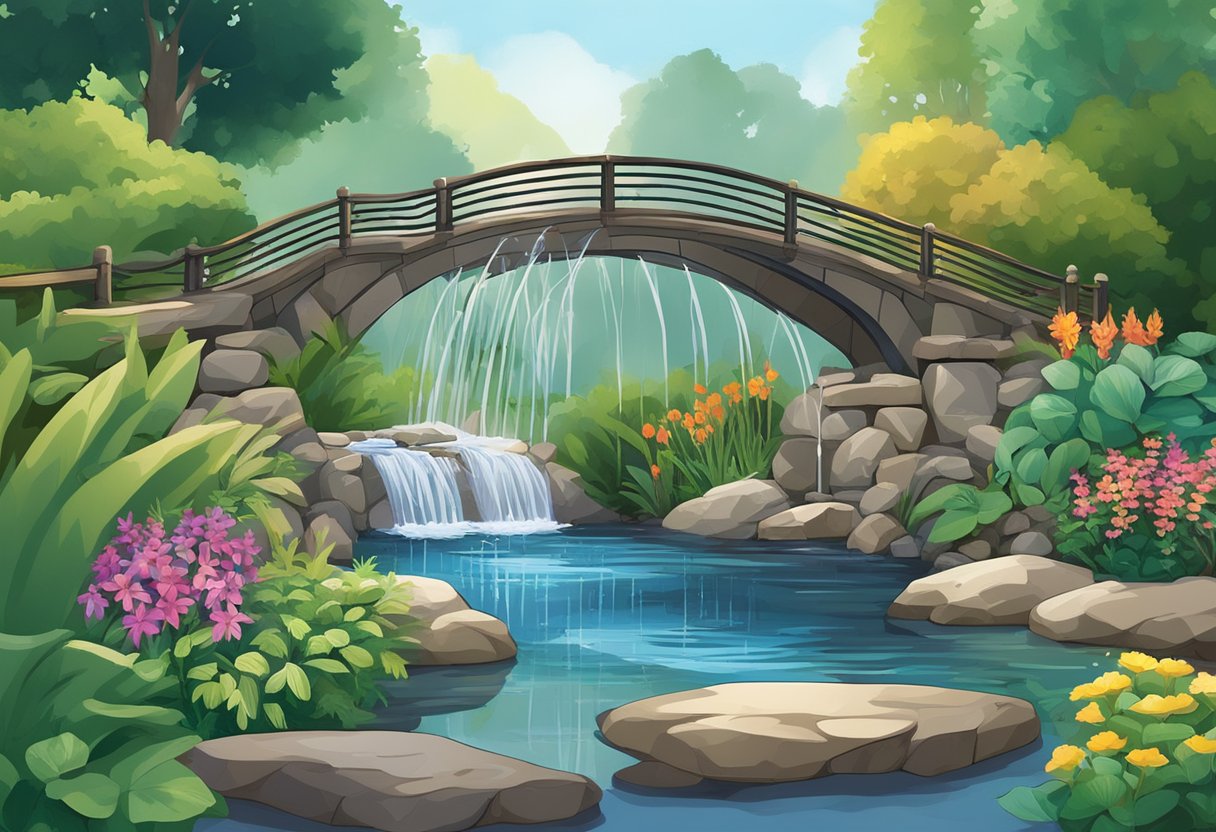 A fountain spraying water into a pond, surrounded by rocks and aquatic plants. A waterfall cascading down a rocky wall, with a bridge crossing over the stream. A decorative water feature with colorful lights and intricate designs