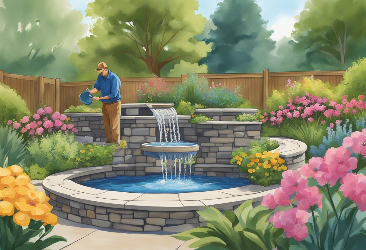 A landscaper installs a water feature in a Sacramento backyard, surrounded by lush greenery and colorful flowers