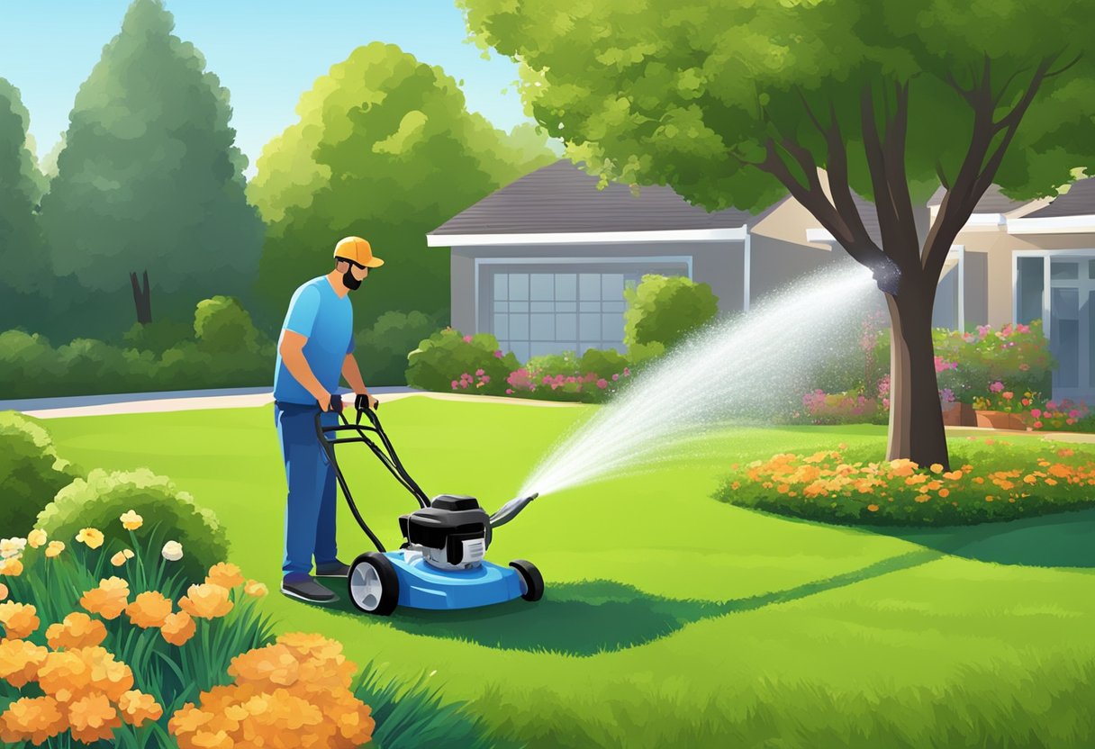 A sunny Sacramento lawn with a neatly trimmed grass, a sprinkler system watering the greenery, and a person using a lawn mower or leaf blower