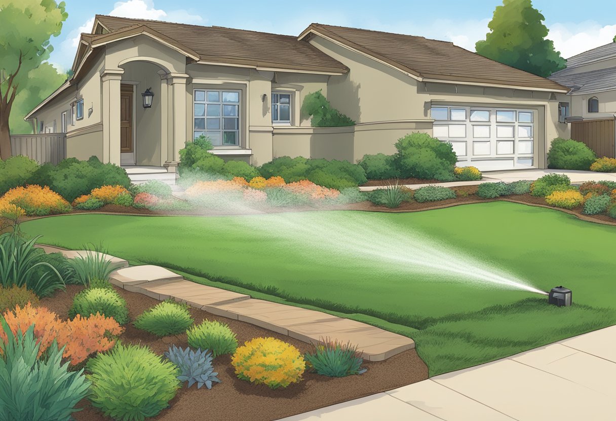 A sprinkler system waters a lush green lawn in Sacramento, surrounded by drought-resistant plants and mulch