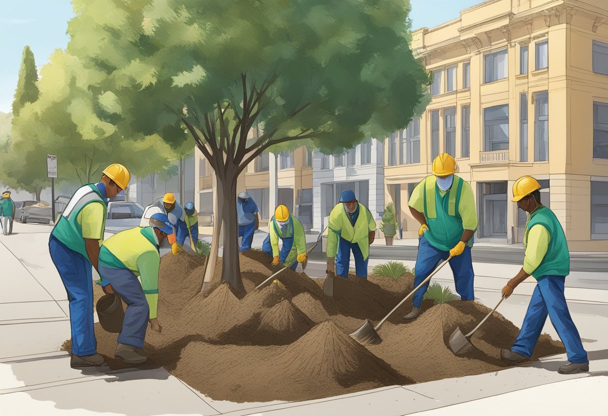 A group of workers planting and removing trees in Sacramento following city guidelines