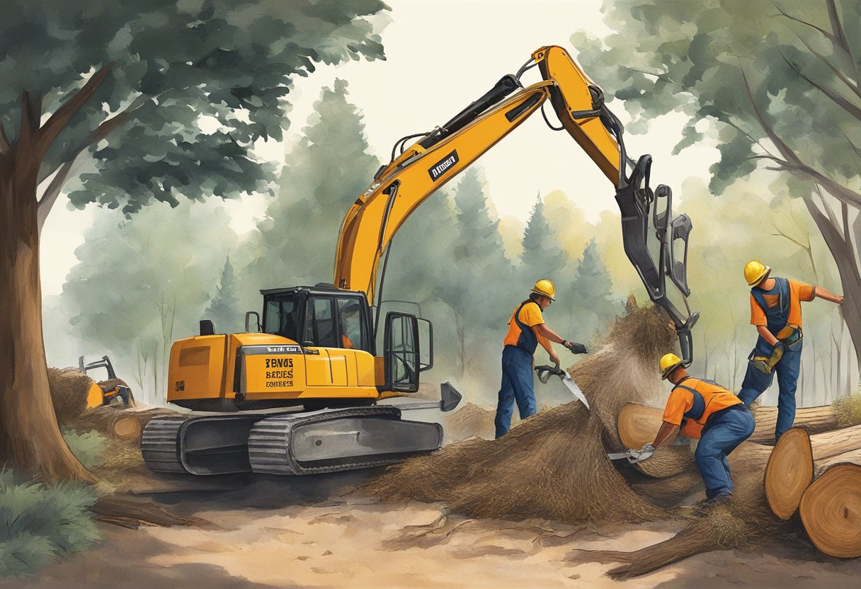 A tree being removed in Sacramento, with workers using chainsaws and heavy machinery to cut down and remove the tree, leaving behind a cleared area