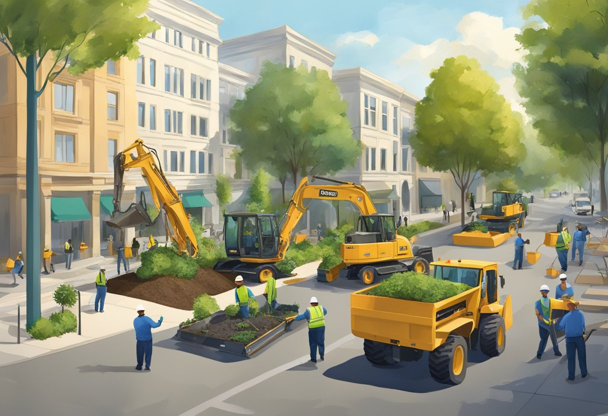 Urban trees being planted and removed in Sacramento, with workers using equipment and vehicles to maintain the city's greenery