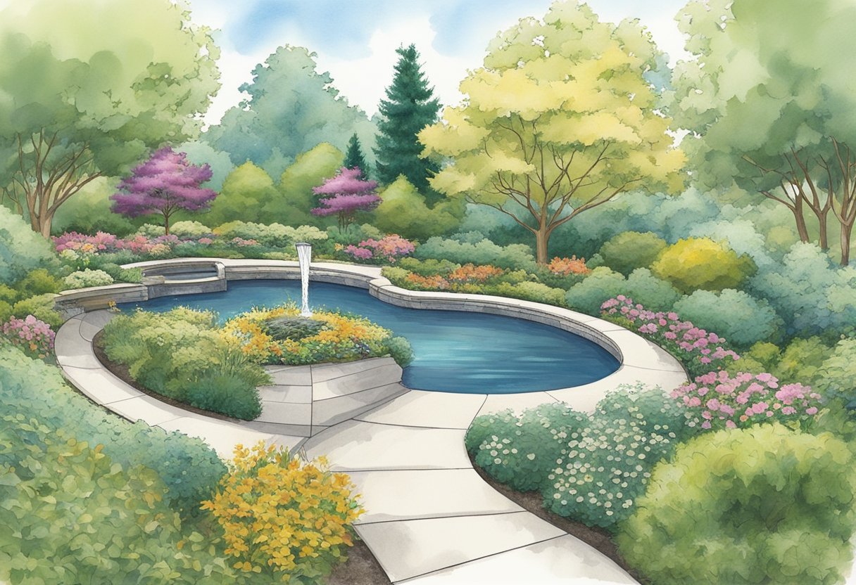 A serene garden with curved pathways, diverse plantings, and a central focal point. Trees and shrubs create depth and texture, while a water feature adds tranquility