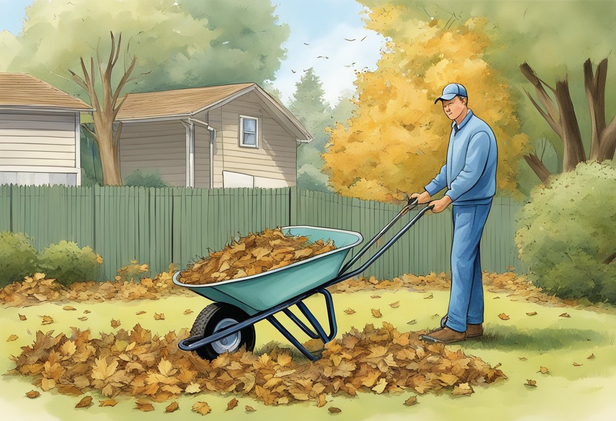 A figure using a rake and a wheelbarrow to clear leaves and debris from a well-kept backyard in Sacramento