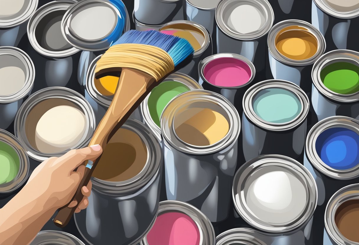 A painter's hand holding a brush, surrounded by cans of paint and a blank canvas