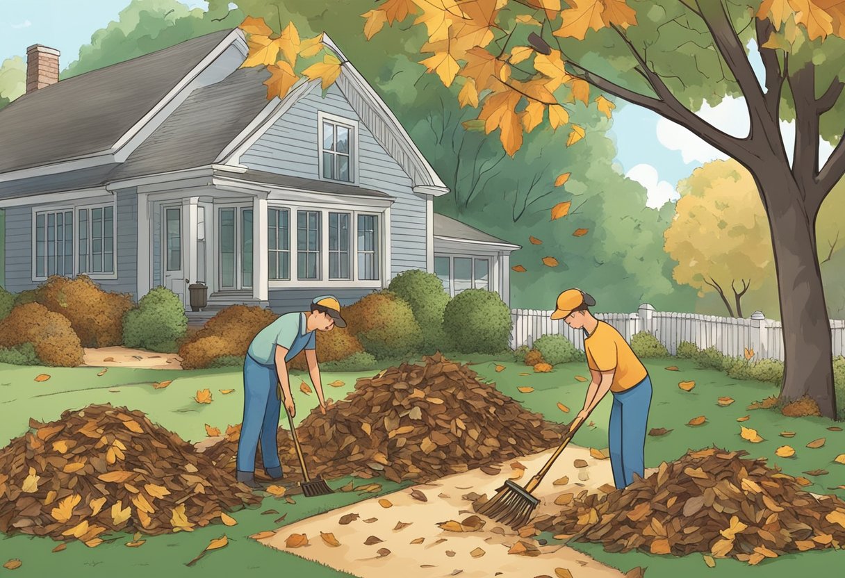 Leaves and debris being gathered into piles, while a person uses a rake to tidy up the yard