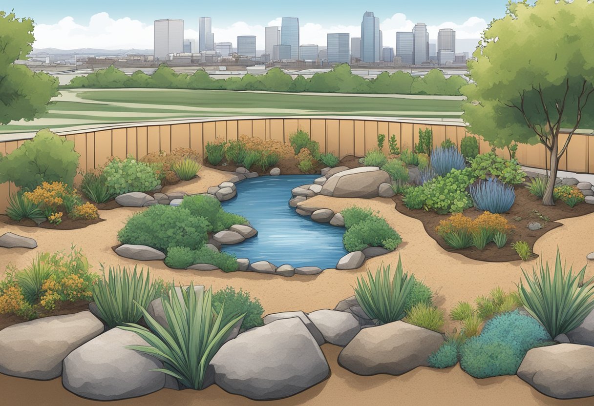 A dry, rocky landscape with native plants and mulch. Drip irrigation and rain barrels collect water. Sacramento skyline in the background