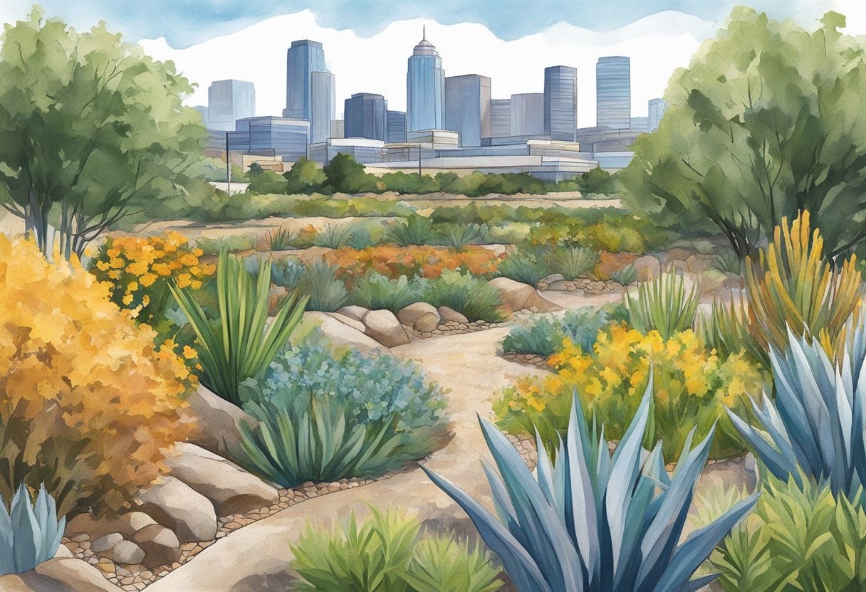 Lush native plants thrive in a dry, rocky landscape. Drip irrigation conserves water. Sacramento's skyline looms in the background