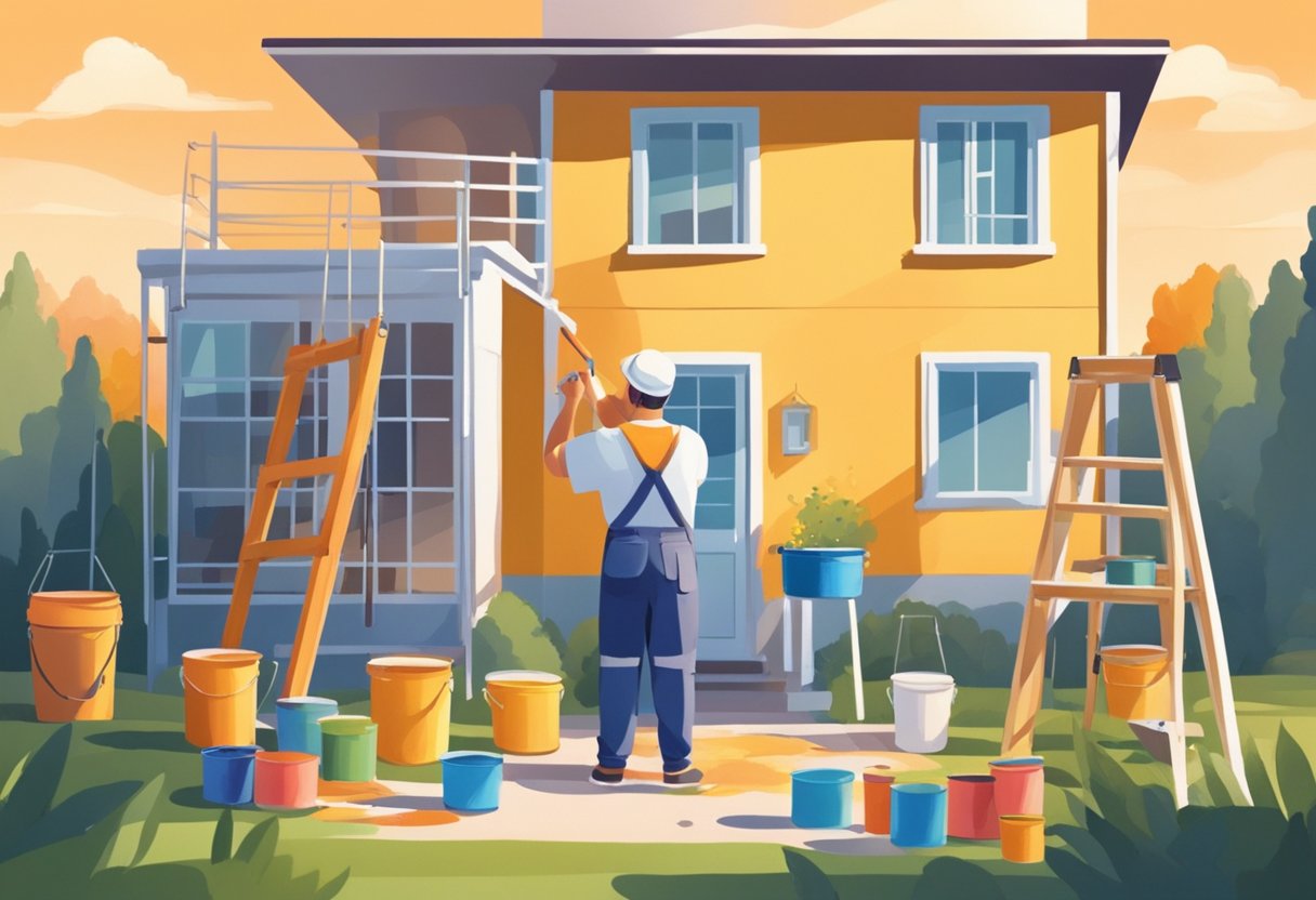 A painter stands in front of a house, holding a color palette and paintbrush. Buckets of paint and ladders are scattered around. The sun is shining, casting a warm glow on the scene