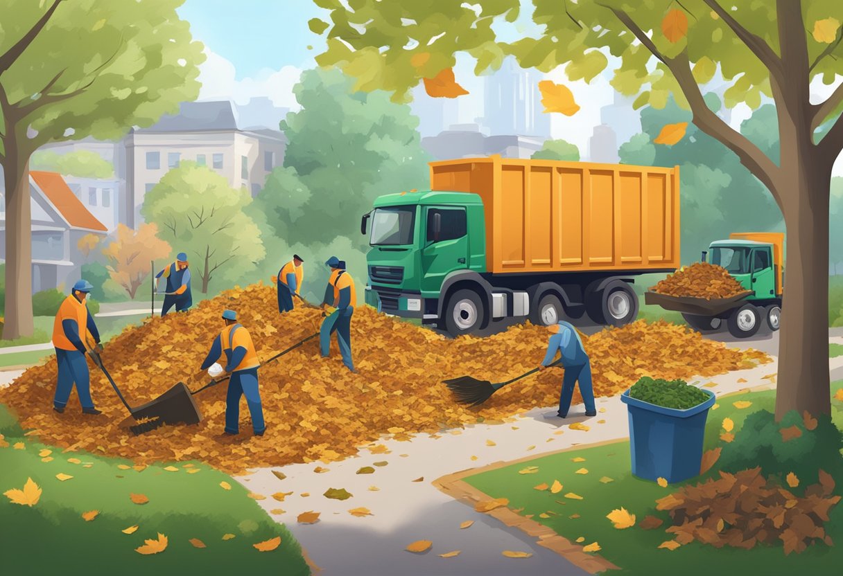 The yard is cluttered with fallen leaves and debris. A team of workers is busy raking and bagging the mess, while others trim overgrown bushes and trees. A truck is filled with green waste, ready for disposal